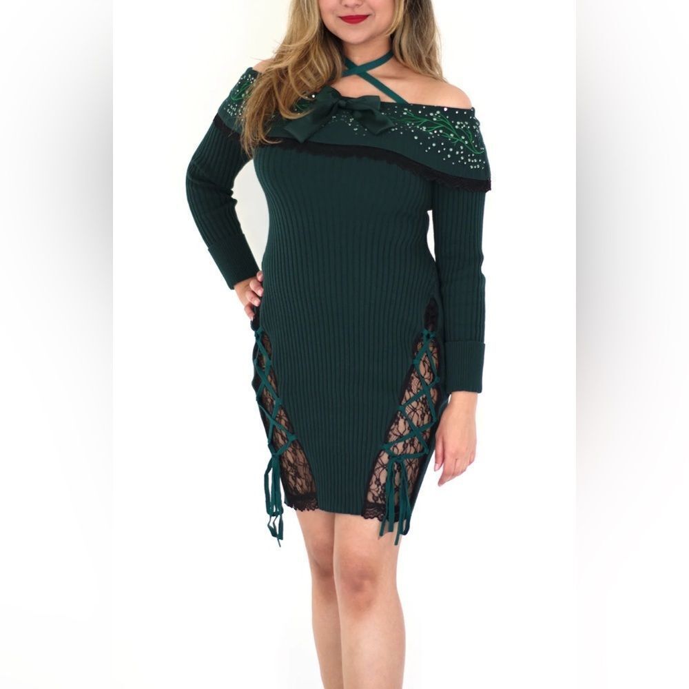 Nyahallo Bodycon Ribbed Sweater Dress Green Multi Sizes NWT IN PACKAGE